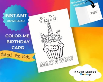 Printable Coloring Birthday Card, Make a Wish Unicorn Birthday Card, Printable Happy Birthday Card, Birthday Coloring Cards, PDF Download