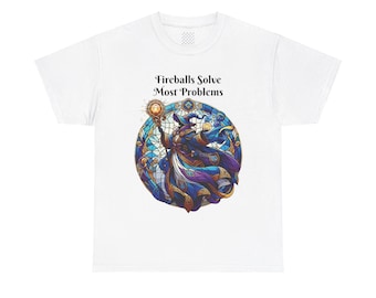 Wizard Stained Glass Design T-Shirt - "Fireballs Solve Most Problems" - DnD RPG Tee - Unisex Fantasy Gamer Shirt