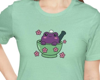 Frog & Mortar T-Shirt, Apothecary Anime Shirt, Somewhat Large Frog, Decently Sized Frog, Cute Purple Frog in Mortar Pestle, Kawaii Style
