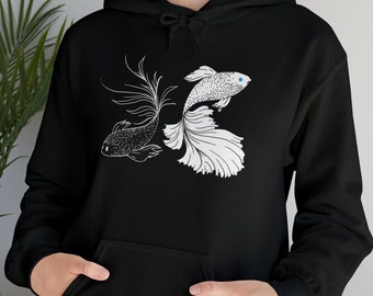 Black And White Betta Fish Hoodie / Strongest Anime Inspired / Siamese Fighting Fish Anime Hooded Sweatshirt / SatoSugu Unisex Hoodie