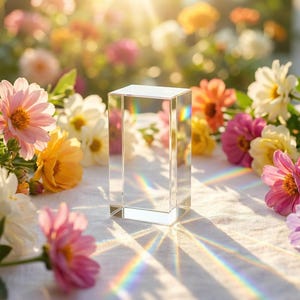 Op de afbeelding: Een helder, rechthoekig glazen prisma staat op een wit oppervlak, omringd door kleurrijke bloemen. De bloemen omvatten roze, gele, oranje en witte bloesems. Zonlicht cre&euml;ert een regenboogeffect.