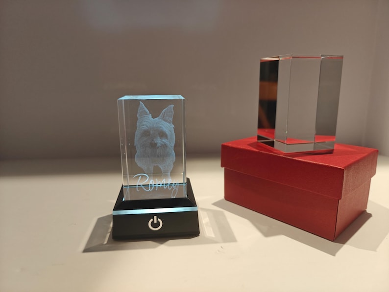 Op de afbeelding: Een helder glazen blok met een 3D-afbeelding van een hond, verlicht door een zwarte basis met een aan/uit-symbool. De naam van de hond, "Romey", is eronder gegraveerd. Een helder glazen blok staat op een rode doos.
