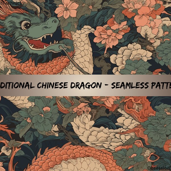 Chinese Dragon Seamless Pattern, Oriental Dragon Digital Paper, Lunar New Year Background