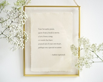 Custom poem print on cotton paper custom quote framed print wedding vows, personalised quote on handmade paper, floating frame