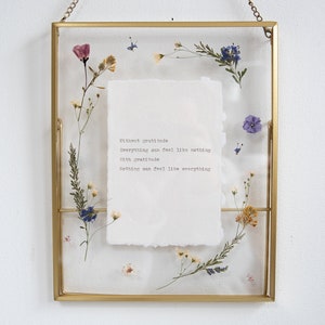 Custom poem print with pressed flowers, typed on a typewriter on cotton paper custom framed print personalised hand typed quote song vows