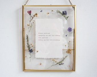 Custom poem print with pressed flowers, typed on a typewriter on cotton paper custom framed print personalised hand typed quote song vows