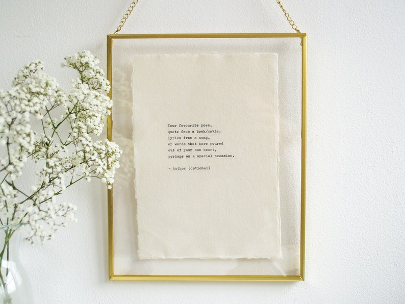 Custom typewriter print on handmade cotton paper custom poem personalised hand typed quote custom inspirational quote poem song vows Gold Frame