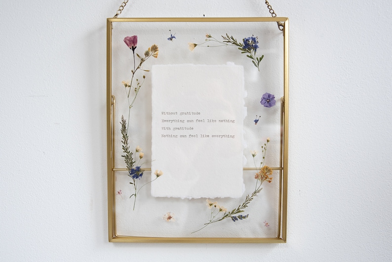 Custom typewriter print on handmade cotton paper custom poem personalised hand typed quote custom inspirational quote poem song vows Gold Frame + Flowers