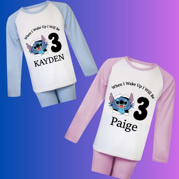 Personalised Childrens Stitch When I Wake Up/ Pyjamas any wording /custom kids pjs/personalised pjs/girls/boys pjs /childrens birthday pjs