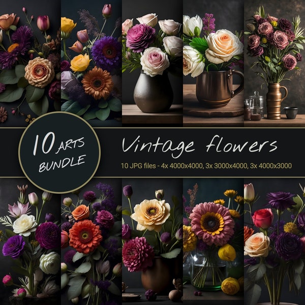 Vintage Flowers in Bohemian Style on Dark Background - Atmospheric, Classic and Minimalist Style, Beautiful and Elegant Floral Art Prints