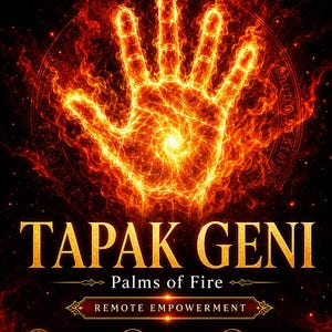 May include: A digital graphic featuring a glowing orange and yellow flame-shaped handprint centred within a circular emblem. The text reads TAPAK GENI, Palms of Fire, REMOTE EMPOWERMENT, PROTECTION, NEUTRALIZES NEGATIVITY, and BLACK MAGICK SHIELD.