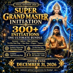 Puede incluir: Un póster digital titulado Super Grand Master Initiation Final Edition 2026 con una figura meditando y un ser celestial. El texto incluye 300+ Initiations, One Ultimate Bundle y una lista de tradiciones que finaliza el 31 de diciembre de 2026.