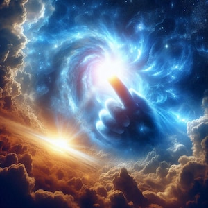 Könnte beinhalten: Eine große, blaue und weiße Hand ragt aus einem wirbelnden Nebel aus Sternen heraus. Die Hand zeigt nach oben auf ein helles Licht. Der Hintergrund ist ein dunkelblauer Himmel mit Sternen.