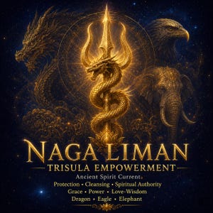 Puede incluir: Ilustración digital con un tridente dorado con un dragón enrollado, sobre un fondo estrellado. La imagen incluye un dragón, un águila y un elefante, con el texto "NAGA LIMAN TRISULA EMPOWERMENT."