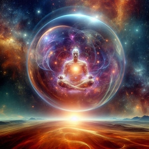 May include: A person meditating in a glowing orb surrounded by stars and a swirling nebula. The orb is floating above a red and orange desert landscape.
