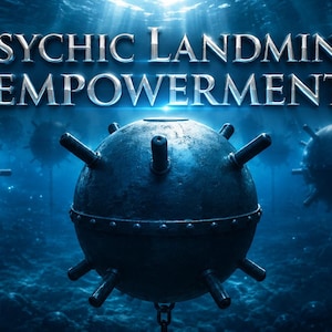 Puede incluir: Una escena submarina de color azul oscuro con varias minas navales esféricas con puntas metálicas que sobresalen, cada una anclada por una cadena. El texto PSYCHIC LANDMINE EMPOWERMENT aparece en una fuente metálica de tono plateado.