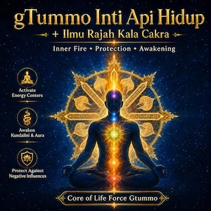 Puede incluir: Un gráfico digital que muestra una silueta en posición de meditación sobre un fondo azul estrellado. El texto dice: gTummo Inti Api Hidup + Ilmu Rajah Kala Cakra, Inner Fire, Protection, Awakening, Activate Energy Centers, Awaken Kundalini & Aura, Protect Against Negative Influences y Core of Life Force Gtummo.