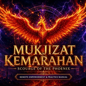 Op de afbeelding: Een digitale afbeelding met een vurige feniks met gespreide vleugels tegen een donkerpaarse bliksemachtergrond. De tekst luidt MUKJIZAT KEMARAHAN, SCOURGE OF THE PHOENIX en REMOTE EMPOWERMENT & PRACTICE MANUAL in gouden, metalen schreefletters.