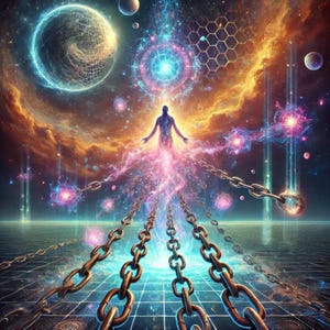 May include: Digital art depicting a figure with outstretched arms, emanating energy, connected to chains. The background features celestial bodies, nebulae, and a grid-like surface, with a color palette of blues, oranges, and purples.