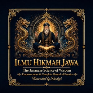May include: A dark blue rectangular graphic featuring a central figure with a beard in a meditative pose with an open book. Two golden dragons flank the figure, framed by an ornate gold border. Text reads: ILMU HIKMAH JAWA, The Javanese Science of Wisdom, Empowerment & Complete Manual of Practice, Transmitted by Kandegh.