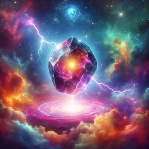 May include: A large, glowing, purple and red crystal with a bright yellow center, surrounded by a swirling galaxy of pink, blue, and green clouds. Lightning bolts strike around the crystal, creating a dramatic and powerful scene.