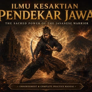 May include: A book cover titled ILMU KESAKTIAN PENDEKAR JAWA THE SACRED POWER OF THE JAVANESE WARRIOR EMPOWERMENT & COMPLETE PRACTICE MANUAL featuring a warrior in black clothing holding a curved blade in a dynamic stance before a temple and volcano.