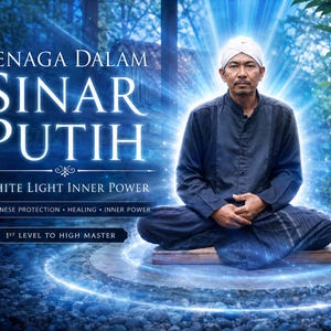 May include: A man in traditional clothing sits in meditation, with the text "TENAGA DALAM SINAR PUTIH" and "WHITE LIGHT INNER POWER". The image has a spiritual theme, with a glowing aura around the man. The words "JAVANESE PROTECTION" are also visible.