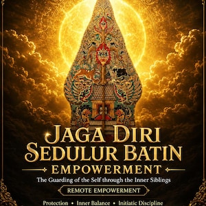 May include: A gold-toned graphic poster featuring a central ornate wayang-style silhouette against a glowing sun and clouds. Text reads: JAGA DIRI SEDULUR BATIN EMPOWERMENT, The Guarding of the Self through the Inner Siblings, REMOTE EMPOWERMENT, Protection, Inner Balance, Initiatic Discipline.