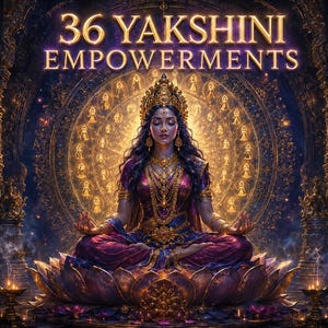 May include: A digital illustration featuring the text 36 YAKSHINI EMPOWERMENTS above a central figure in a meditative pose, seated on a large lotus flower. The figure wears ornate gold jewelry and purple clothing, surrounded by a glowing circular halo.