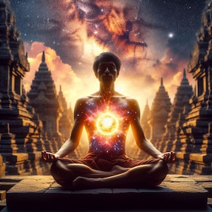 May include: A person sits in a meditative pose with a glowing orb in their chest, surrounded by ancient stone structures against a starry sky.