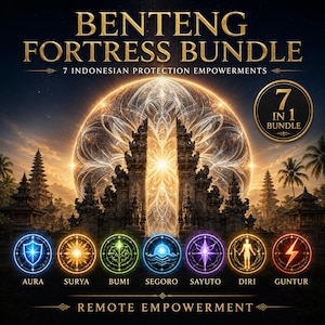 Può includere: Una grafica digitale intitolata BENTENG FORTRESS BUNDLE 7 INDONESIAN PROTECTION EMPOWERMENTS. Presenta un cancello dorato luminoso, un badge 7 IN 1 BUNDLE e sette icone circolari etichettate AURA, SURYA, BUMI, SEGORO, SAYUTO, DIRI e GUNTUR.