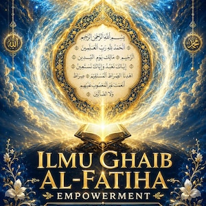 Peut inclure: Une affiche numérique présentant un cadre doré lumineux avec la calligraphie arabe d'Al-Fatiha, centrée au-dessus d'un livre ouvert. Le texte indique ILMU GHAIB AL-FATIHA EMPOWERMENT, Javanese Al-Hikmah Transmission, Remote Initiation, Divine Opening, Sacred Protection.