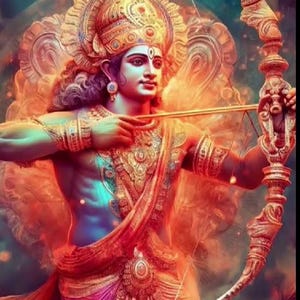 Può includere: Un'illustrazione colorata di una divinità indù che tiene un arco e una freccia. La divinità è raffigurata con una corona d'oro e gioielli decorati. Lo sfondo è un mix vibrante di rosso, arancione e blu.