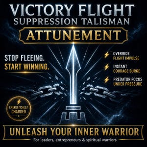 Könnte beinhalten: Digitalgrafik mit dem Text "VICTORY FLIGHT SUPPRESSION TALISMAN ATTUNEMENT". Es zeigt ein zentrales, leuchtendes Pfeildesign, Ketten und Blitzsymbole. Der Text "STOP FLEEING. START WINNING." ist ebenfalls vorhanden, zusammen mit "UNLEASH YOUR INNER WARRIOR."