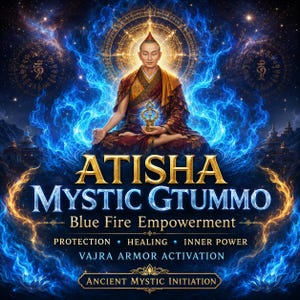 May include: A digital illustration of a monk in saffron robes sitting in a meditative pose, holding a golden vajra. The image features blue flames, a glowing halo, and text reading ATISHA MYSTIC GTUMMO, Blue Fire Empowerment, PROTECTION, HEALING, INNER POWER, VAJRA ARMOR ACTIVATION, ANCIENT MYSTIC INITIATION.