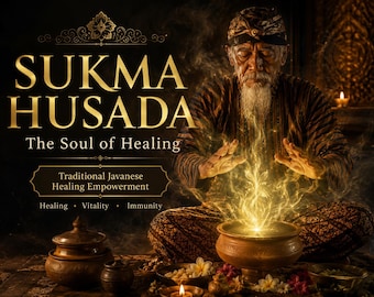 May include: An image with the text "SUKMA HUSADA The Soul of Healing" and "Traditional Javanese Healing Empowerment". An older man with a long white beard is seated, with his hands above a glowing pot. The scene is lit by candles.