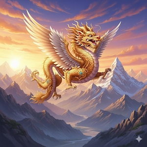 Puede incluir: Un dragón dorado con alas emplumadas vuela sobre una cordillera al atardecer. El dragón presenta escamas detalladas, cuernos y detalles turquesas. El cielo transita del naranja al azul, creando un telón de fondo dramático.