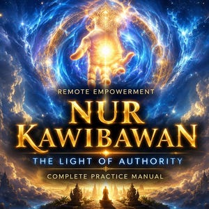 Könnte beinhalten: Eine digitale Illustration mit einer leuchtenden Hand, die aus einem wirbelnden blauen und goldenen kosmischen Himmel herabreicht. Der Text lautet: REMOTE EMPOWERMENT NUR KAWIBAWAN THE LIGHT OF AUTHORITY COMPLETE PRACTICE MANUAL über einer Silhouette.