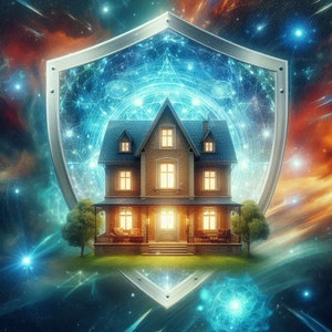 May include: A brown house with a porch and windows is surrounded by a silver shield with a blue and white geometric pattern. The house is set against a background of a starry night sky.