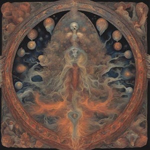 May include: A surreal, abstract painting featuring a central figure surrounded by swirling, ethereal forms. The figure is depicted with a skeletal face and long, flowing hair. The background is a dark, starry sky with a circular frame.