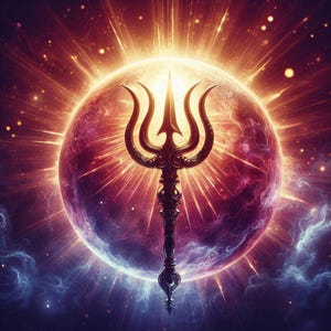 May include: A golden trident with intricate details, set against a backdrop of a glowing, red and purple planet with a bright, white light emanating from its center.