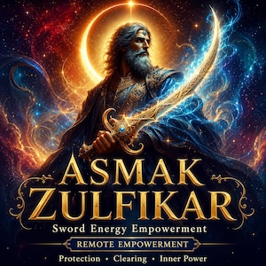 Op de afbeelding: Een bebaarde figuur in blauwe gewaden houdt een gloeiend, gebogen zwaard vast tegen een kosmische achtergrond. De tekst luidt ASMAK ZULFIKAR, Sword Energy Empowerment, REMOTE EMPOWERMENT, Protection, Clearing, Inner Power in goud en wit.