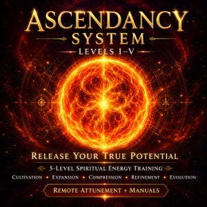 May include: A digital graphic featuring the words "ASCENDANCY SYSTEM" and "LEVELS I-V" in gold. A fiery orange sphere dominates the centre, with the text "RELEASE YOUR TRUE POTENTIAL" below. The graphic promotes 5-level spiritual energy training.