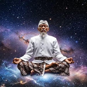 Può includere: Una persona anziana con camicia bianca, sarong fantasia e berretto bianco medita nella posizione del loto. Lo sfondo è una vibrante rappresentazione di una nebulosa e di stelle, che crea un'atmosfera cosmica.