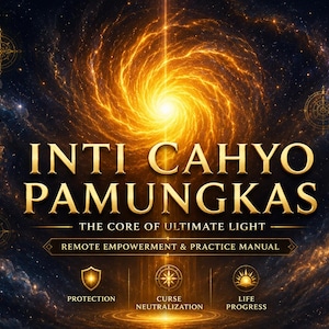 Könnte beinhalten: Ein digitales Handbuch-Cover mit dem Titel INTI CAHYO PAMUNGKAS THE CORE OF ULTIMATE LIGHT REMOTE EMPOWERMENT & PRACTICE MANUAL. Der Hintergrund zeigt einen leuchtenden goldenen Spiralnebel im Weltraum mit drei kreisförmigen Symbolen, beschriftet mit PROTECTION, CURSE NEUTRALIZATION und LIFE PROGRESS.