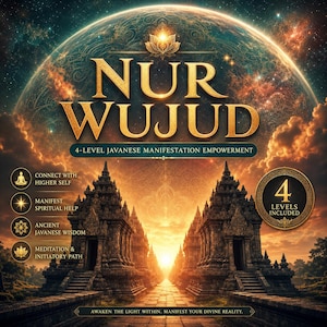 Peut inclure: Publicité illustrée pour "Nur Wujud", un programme d'autonomisation de la manifestation javanaise en 4 niveaux. L'image présente un fond céleste, le titre en lettres dorées, des structures de temples anciens et du texte décrivant les avantages.