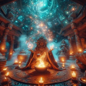 Può includere: Una figura di divinità dorata siede in un ambiente di tempio mistico, circondata da sfere e candele luminose. La figura è adornata con dettagli intricati e tiene una sfera luminosa in ogni mano. Il soffitto è adornato da una galassia di stelle vorticose.