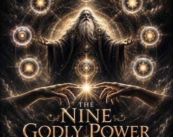 May include: Digital art featuring a bearded figure in a dark robe, surrounded by glowing orbs and celestial patterns. The text "THE NINE GODLY POWER ATTUNEMENT" is displayed in gold lettering, with two hands reaching towards a central light source.