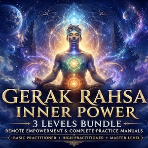 May include: A digital illustration of a person meditating in a lotus position, surrounded by glowing blue and purple cosmic energy. The text reads: GERAK RAHSA INNER POWER 3 LEVELS BUNDLE REMOTE EMPOWERMENT & COMPLETE PRACTICE MANUALS BASIC PRACTITIONER HIGH PRACTITIONER MASTER LEVEL.