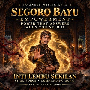 Peut inclure: Une illustration numérique montrant une personne en tenue javanaise traditionnelle avec une aura dorée. Le texte indique : JAVANESE MYSTIC ARTS SEGORO BAYU EMPOWERMENT POWER THAT ANSWERS WHEN YOU NEED IT INTI LEMBU SEKILAN VITAL FORCE COMMANDING AURA KANDEGHYSTICSHOP.